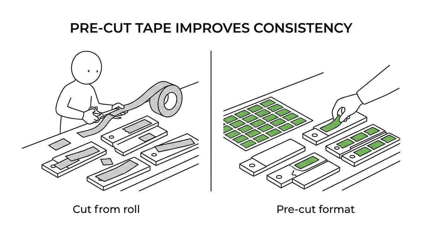 Side-by-side view of a standard tape roll being hand-cut versus pre-cut tape parts ready for precise placement.